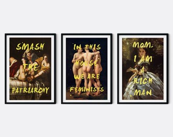 Feminist Prints Set of 3, In This House We Are Feminists, Vintage Poster, Feminist Art, Smash the Patriarchy, Altered Art, Feminist Gift