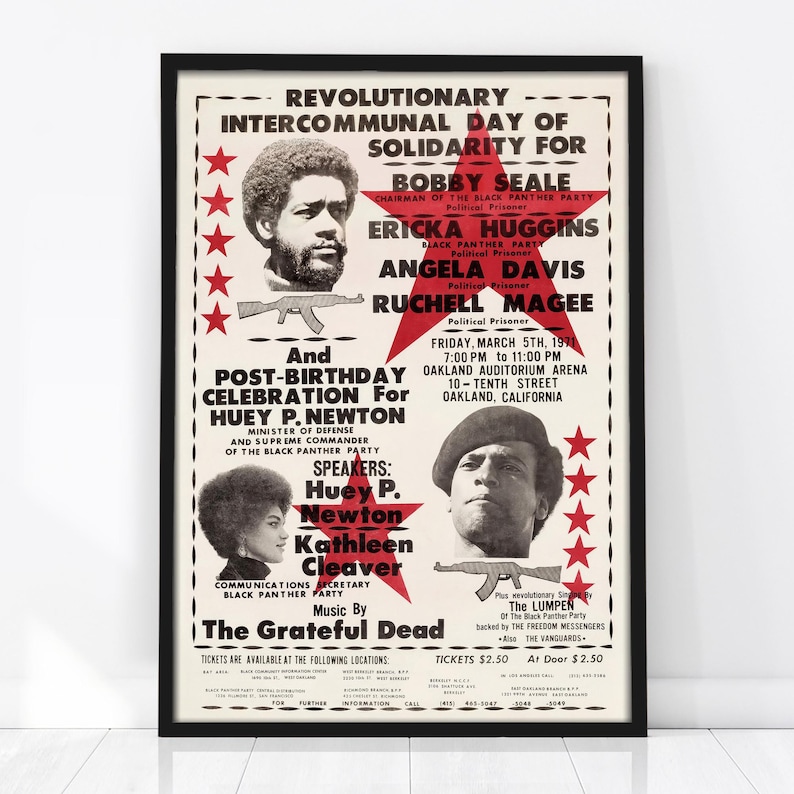 A rare vintage poster from the 1971 Revolutionary Intercommunal Day of Solidarity, featuring Black Panther Party leaders and performers such as Huey P. Newton, Bobby Seale, Angela Davis, Ericka Huggins and The Grateful Dead.
