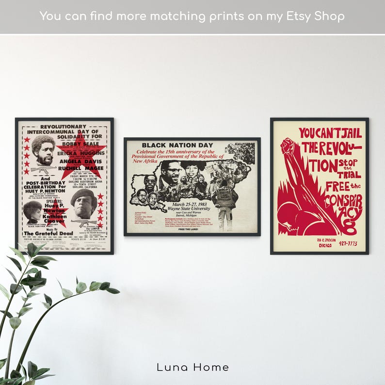 May include: Three framed posters with black frames hang on a white wall. The posters feature text and images in red, black, and white. One poster reads "Revolutionary Intercommunal Day of Solidarity for Bobby Seale." Another says "Black Nation Day." The third poster says "You Can't Jail the Revolution."