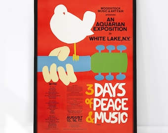 Woodstock Festival Poster 1969, Remastered Vintage Music Print, Festival Lineup, Retro Concert Wall Art, Hippie Decor