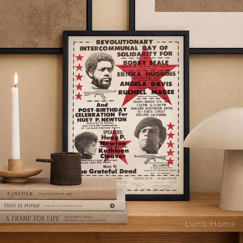 Pu&ograve; includere: Un poster incorniciato con bordo nero, con ritratti e testo. Il poster promuove una "Giornata Intercomunitaria Rivoluzionaria di Solidariet&agrave;" con nomi come Bobby Seale e Angela Davis. L'evento include musica dei Grateful Dead.