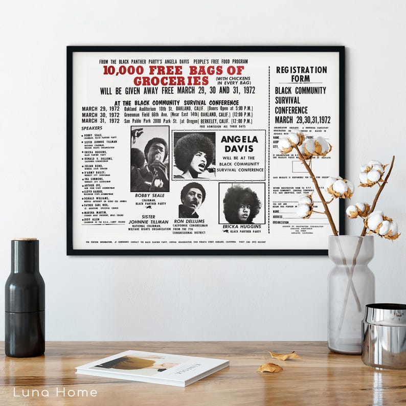 K&ouml;nnte beinhalten: Ein gerahmtes Poster mit schwarzem Text auf wei&szlig;em Hintergrund, das eine Black Community Survival Conference im M&auml;rz 1972 ank&uuml;ndigt. Das Poster zeigt Bilder von Angela Davis, Bobby Seale und anderen. Rechts steht eine Vase mit Baumwollstielen.