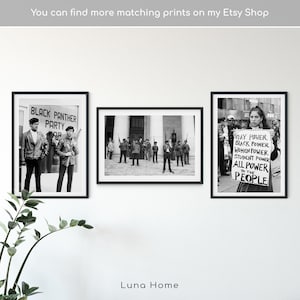 May include: Three framed black and white prints. The left print features the text "BLACK PANTHER PARTY" and two people. The middle print shows a group of people. The right print shows a person holding a sign with the text "GAY POWER, BLACK POWER, WOMEN POWER, STUDENT POWER, ALL POWER TO THE PEOPLE."