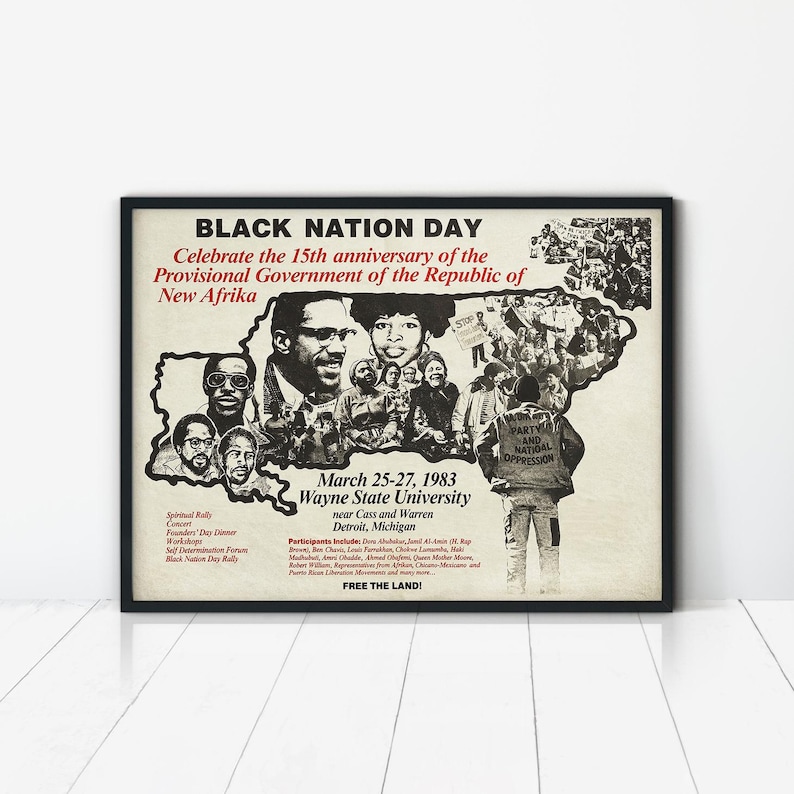 Vintage Black Nation Day poster from 1983 featuring a collage of Black activists and community figures inside a map shape, with event text for Wayne State University in Detroit, Michigan.