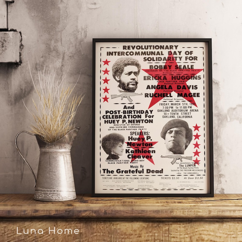 Pu&ograve; includere: Un poster incorniciato con bordo nero, con ritratti e testo. Il poster commemora una "Giornata Intercomunitaria Rivoluzionaria di Solidariet&agrave;" con nomi come Bobby Seale e Angela Davis. Una brocca di metallo con piante secche si trova a sinistra.