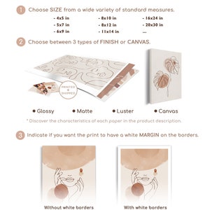May include: An advertisement for art prints. The image shows how to customize an order in three steps: size, finish, and border options. Sizes range from 4x5 inches to 20x30 inches. Finishes include glossy, matte, luster, and canvas. The prints are shipped.