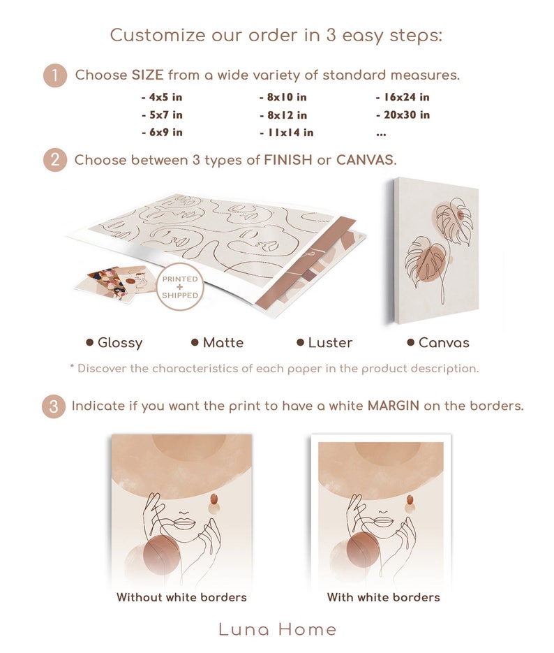 May include: An advertisement for art prints. The image shows how to customize an order in three steps: size, finish, and border options. Sizes range from 4x5 inches to 20x30 inches. Finishes include glossy, matte, luster, and canvas. The prints are shipped.