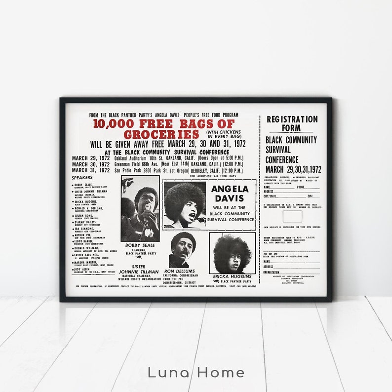 Black Panther flier shows images of figures such as Angela Davis and Bobby Seale