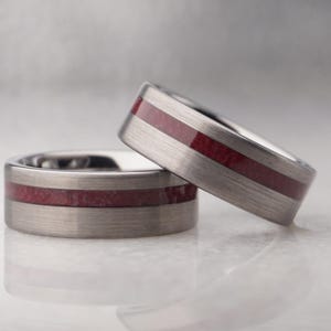 Men&#39;s Garnet Ring, 8mm Silver Tungsten Ring, Authentic Genuine Garnet Inlay, Gray and Red January Birthstone Ring, Men&#39;s Wedding Band