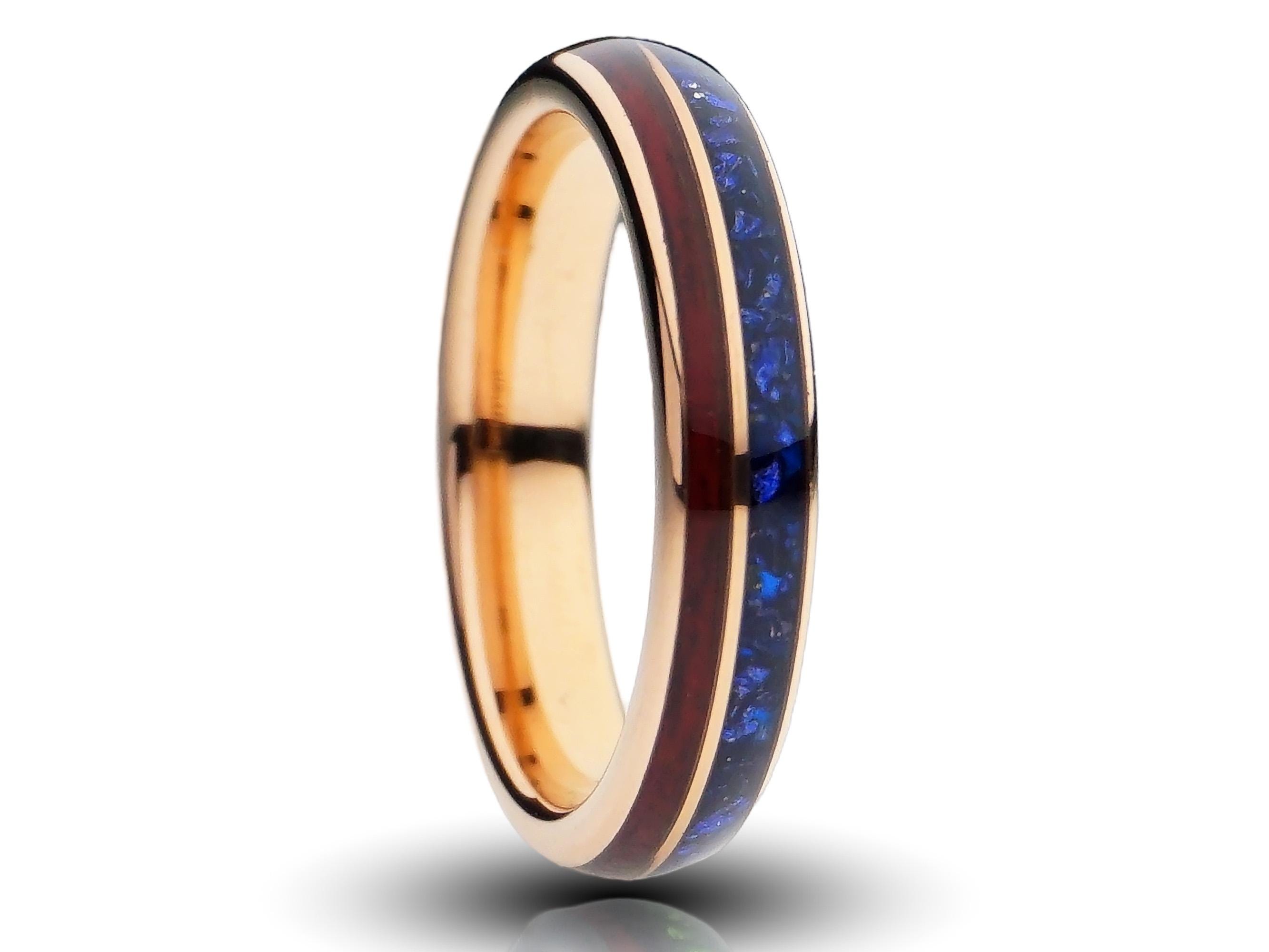 4mm Rose Gold Redwood Sapphire Ring, Rose Gold Plated Tungsten, With Red Wood and Lab Created Sapphire, Womens Promise Ring, Red Blue Ring
