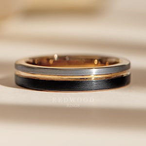 Rose Gold Tungsten Ring, Black and Grey Ring, 4MM Band, Wedding Band, Women's Ring, Men's Ring, Promise Ring, Engagement Band, Tri Color