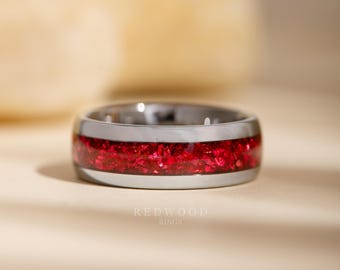 Silver Garnet Tungsten Ring, Gemstone Wedding Band, Crushed Lab Created Garnet Red Inlay, 8MM Anniversary Band, Red Ring, Men's Ring