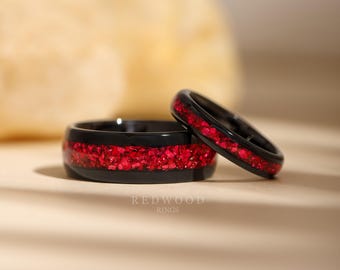 Black Garnet Ring Set, Matching Wedding Bands, 8MM Ring, 4MM Band, Couples Rings, His and Hers Wedding Bands, Tungsten Rings, Engagement