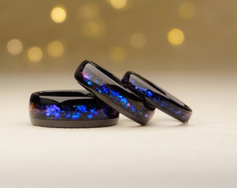 Matching Galaxy Wedding Bands - 4MM, 6MM or 8MM width - Black Tungsten Carbide with Galaxy Nebula Inlay, Matching Engagement bands