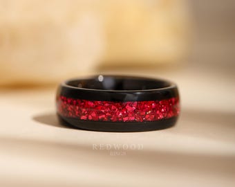Black Garnet Ring, Tungsten Ring With Red Gemstone Inlay, Mens Wedding Band, Gift for Him, Red Ring Gift, 8MM Ring, Lab Created Garnet