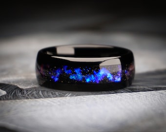 Galaxy Ring, Nebula Tungsten Wedding Band, 8mm Width Ring, Purple Blue with Stars Inlay, Black Polished Ring,  Engagement Ring, Men's Ring