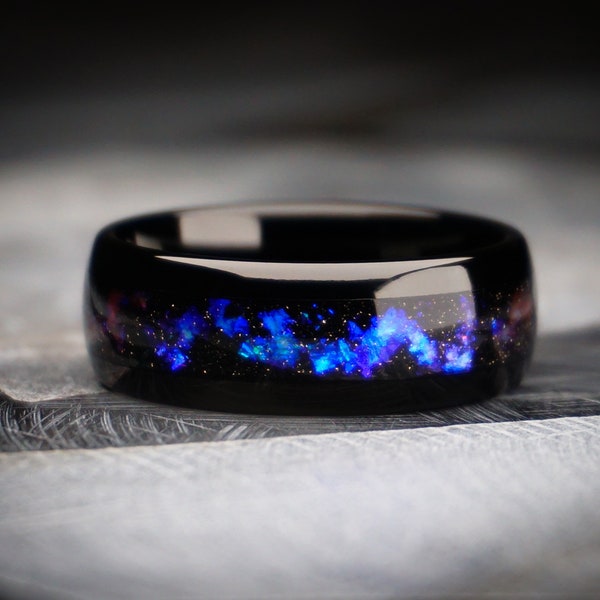 Galaxy Ring, Nebula Tungsten Wedding Band, 8mm Width Ring, Purple Blue with Stars Inlay, Black Polished Ring,  Engagement Ring, Men's Ring