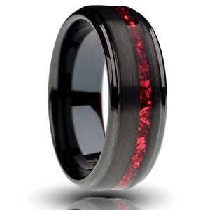 Black Garnet Gentleman&#39;s Band, Mens Tungsten Jewelry, Brushed Black Ring with Red Lab Garnet Inlay, Matte Ring, Ring for Men, Gift For Him