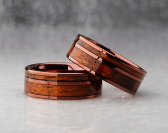 Wood Ring, Brown Tungsten With Koa Wood Inlay, 8MM Ring, Men's Wedding Ring, Engagement Ring, Wood Ring, Flat Polished Ring, Women's Ring