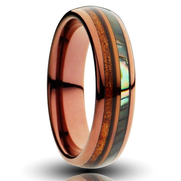 Hawaiian Tungsten Ring, Brown Ring, Koa Wood and Abalone Inlay Band, 6MM Ring, Men's Wedding Ring, Women's Engagement Ring, Wood Ring, Shell