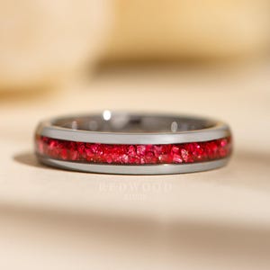 Red Garnet Tungsten Ring, Gemstone Wedding Band, Crushed Lab Created Garnet Red Ring, 4MM Anniversary Band, Silver Ring, Men&#39;s Ring, Womens
