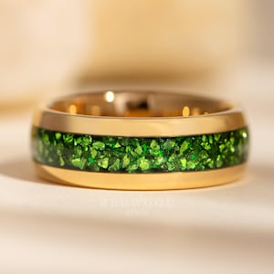 Golden Emerald Ring, 8MM Gold Plated Tungsten with Green Lab Created Emerald Inlay, Men's Wedding Ring, Green Engagement Ring