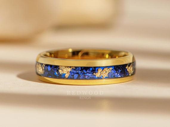 Yellow Gold Sapphire Ring, Tungsten Ring With Gold Leaf and Blue Lab  Created Sapphire Inlay, Mens Wedding Band, Women's Anniversary Gift 6mm