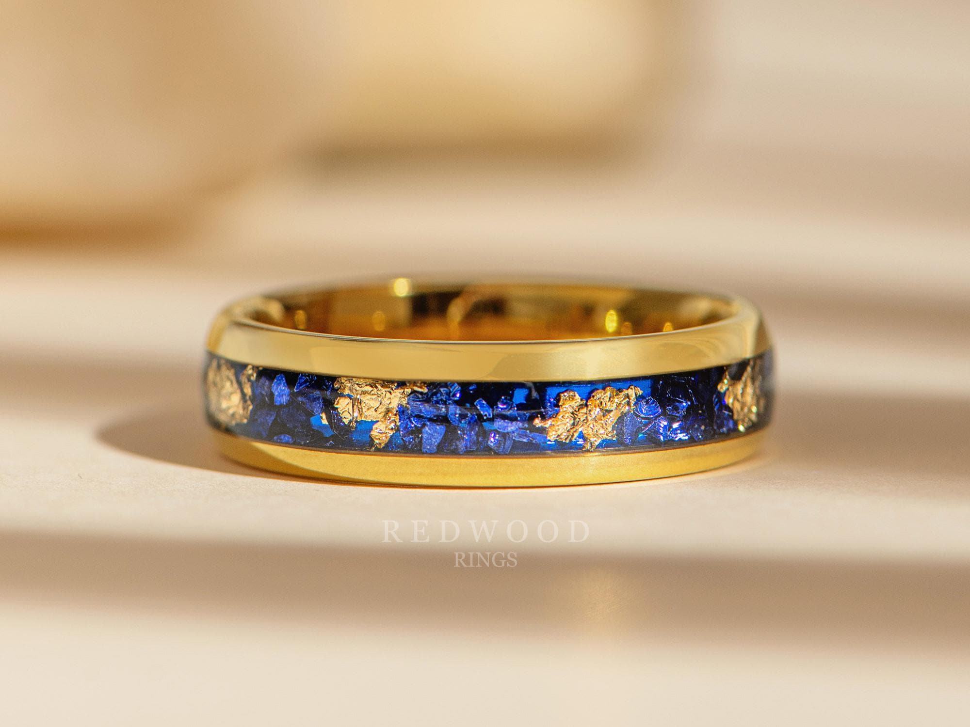 Yellow Gold Sapphire Ring, Tungsten Ring With Gold Leaf and