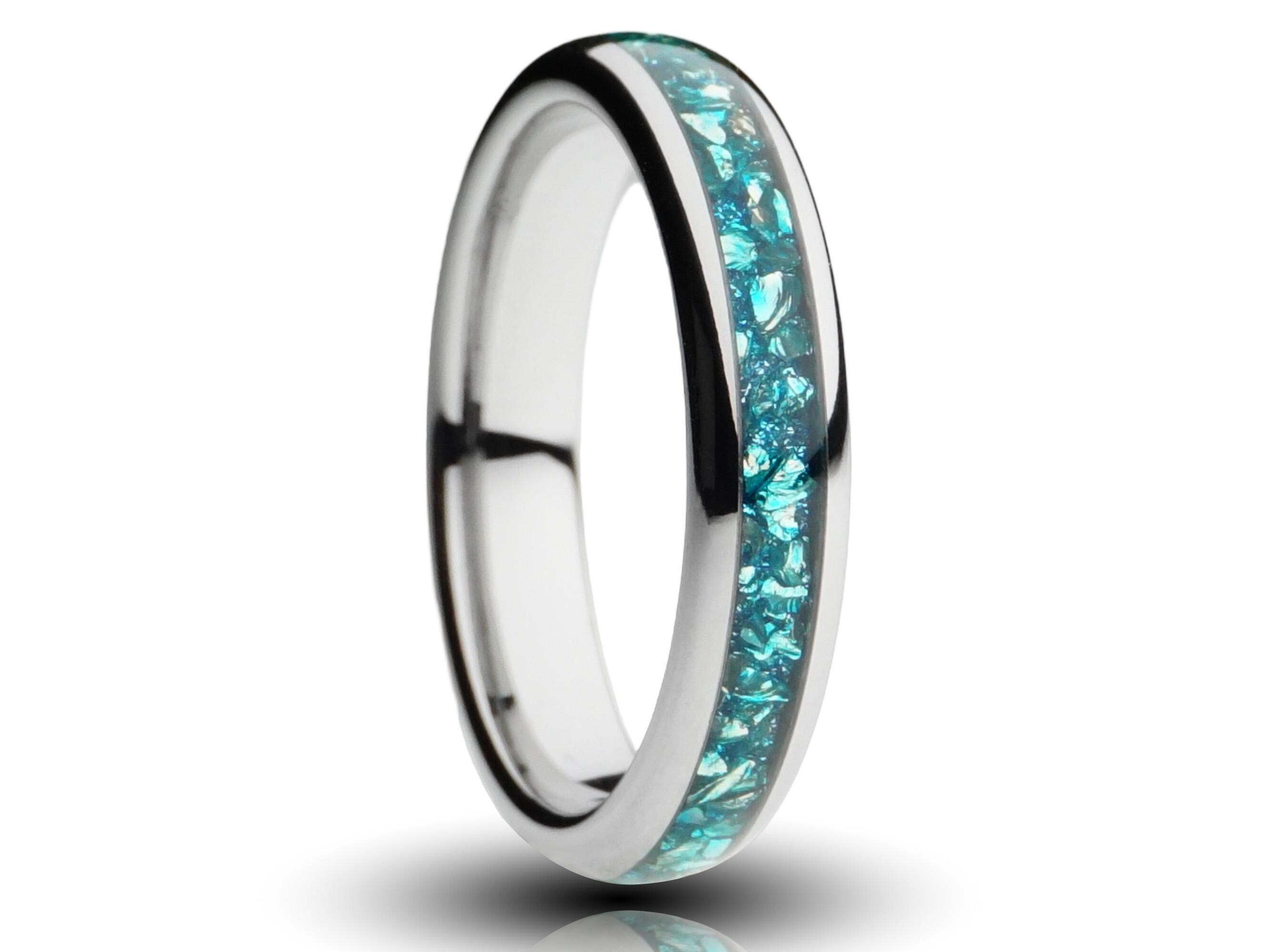 Aquamarine Tungsten Ring, Gemstone Wedding Band, Crushed Lab Aquamarine ...