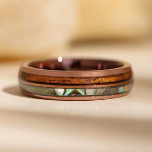 Hawaiian Tungsten Ring, Brown Ring, Koa Wood and Abalone Inlay Band, 6MM Ring, Men&#39;s Wedding Ring, Women&#39;s Engagement Ring, Wood Ring, Shell