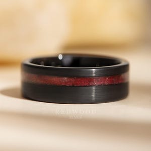 Mens Black Garnet Ring, 8mm Tungsten Ring, Authentic Genuine Garnet Inlay, Black and Red January Birthstone Ring, Men&#39;s Wedding Band