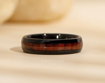 6mm Black Redwood Ring, Tungsten Ring with Sequoia Red Wood Inlay, Men's Engagement Band, Wood Wedding Ring, Wood Gift for Him