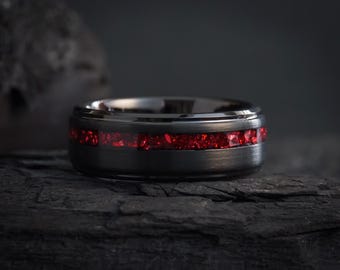 Mens Statement Ring: Black Tungsten with Red Garnet Inlay, 8MM Band