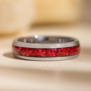 Red Garnet Tungsten Ring, Gemstone Wedding Band, Crushed Lab Created Garnet Red Ring, 6MM Anniversary Band, Silver Ring, Men&#39;s Ring, Womens