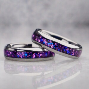 6mm purple alexandrite ring, polished silver tungsten ring with purple lab alexandrite gemstone inlay, modern mens wedding ring