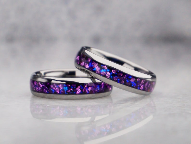 6mm purple alexandrite ring, polished silver tungsten ring with purple lab alexandrite gemstone inlay, modern mens wedding ring