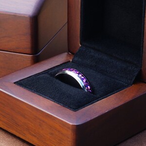 silver alexandrite tungsten ring, silver polished 6mm ring with purple alexandrite birthstone inlay, mens wedding band, luxury wood ring box