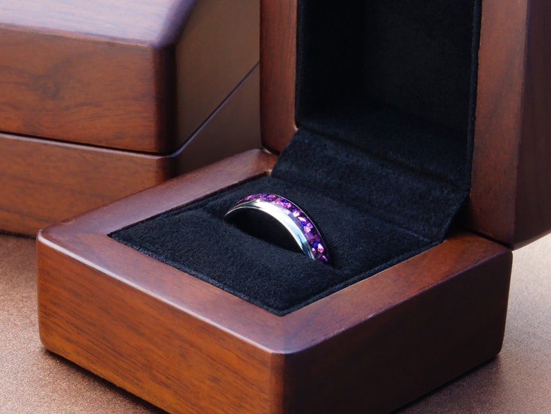 silver alexandrite tungsten ring, silver polished 6mm ring with purple alexandrite birthstone inlay, mens wedding band, luxury wood ring box