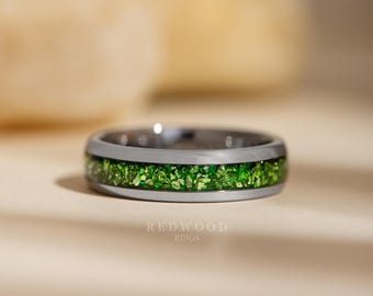 Emerald Tungsten Ring, Gemstone Wedding Band, Silver Lab Emerald Inlay Ring,  6MM Anniversary band,  Green ring, Promise Ring, Men's Women