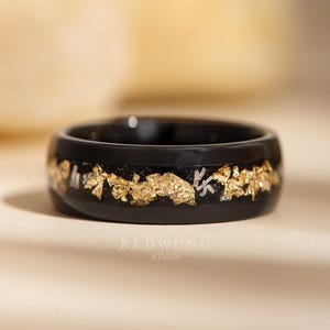 Gold Leaf and Meteorite Ring, Black Wedding Ring, Black Tungsten Band, Men&#39;s Ring, 24K Gold Meteorite Ring, Engagement Ring, Anniversary 8MM