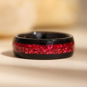 Black Garnet Ring, Tungsten Ring With Red Gemstone Inlay, Mens Wedding Band, Gift for Him, Red Ring Gift, 8MM Ring, Lab Created Garnet