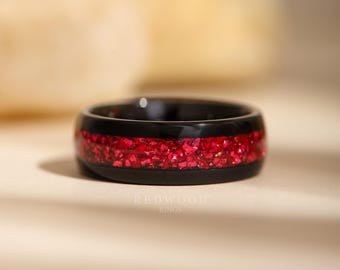 Black Garnet Ring, Tungsten Ring With Red Gemstone Inlay, Mens Wedding Band, Gift for Him, Red Ring Gift, 8MM Ring, Lab Created Garnet