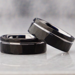 Black Tungsten Ring, Hammered Wedding Band, 8MM width, Silver Strip Band, Men&#39;s Ring, Wedding Band, Brushed Ring, Engagement Ring