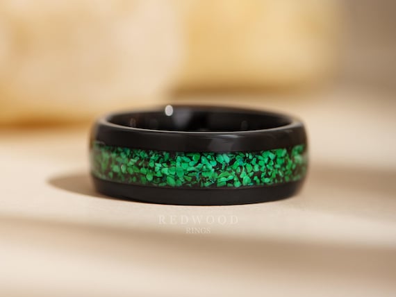 Black Malachite Ring, Green Gemstone Tungsten Ring, Anniversary Gift, Green  Ring, Mens Wedding Band, Promise Ring, 8MM