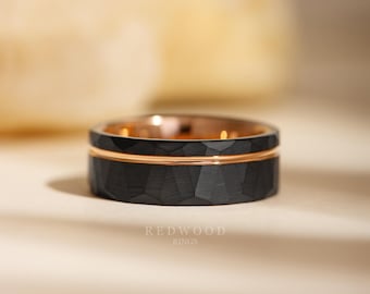Black and Rose Gold Ring, Hammered Texture, 8MM Men's Wedding Band