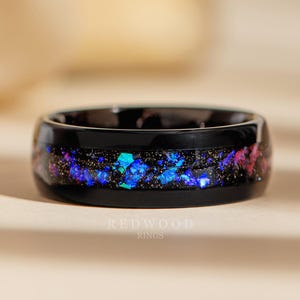 Galaxy Ring, Nebula Tungsten Wedding Band, 8mm Width Ring, Purple Blue with Stars Inlay, Black Polished Ring,  Engagement Ring, Men&#39;s Ring