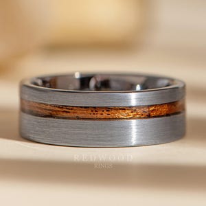 Redwood Ring, 8mm Silver Tungsten Ring, Authentic Sequoia Wood Ring, Natural Gray Engagement Ring, Men&#39;s Wedding Band, Wood Ring, Women&#39;s
