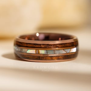 Hawaiian Tungsten Ring, Brown Ring, Koa Wood and Abalone Inlay Band, 8MM Ring, Men&#39;s Wedding Ring, Women&#39;s Engagement Ring, Wood Ring, Shell