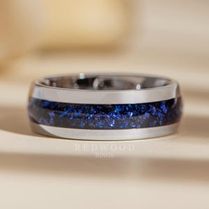 Sapphire Wedding Band, 8MM Silver Tungsten Ring With Dark Blue Lab Sapphire Gemstone Inlay, Mens Sapphire Ring, Anniversary Gift, Blue Ring