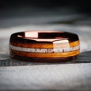 Whiskey Barrel and Antler Mens Engagement Ring, 8MM Width Ring, Men&#39;s Wedding Ring, Whiskey Barrel Wood, Anniversary Band,